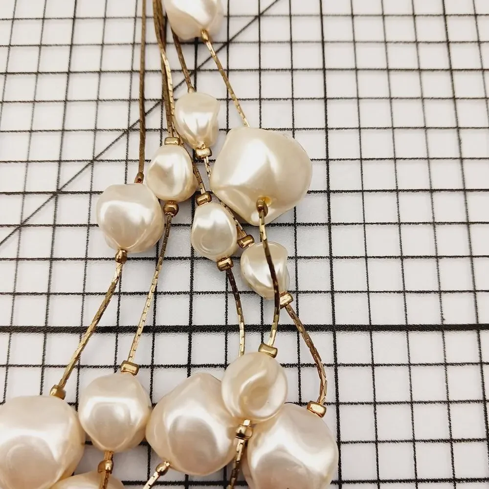 Necklace Multi Strand Faux Pearl Gold Tone Statement Bib Bridal Formal Baroque